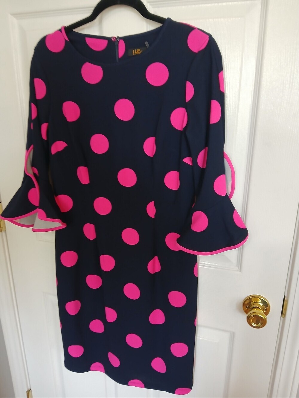 I Le New York Navy Dress with Bright Pink Polka Dots Bell Sleeves Wedding Guest - Picture 4 of 6